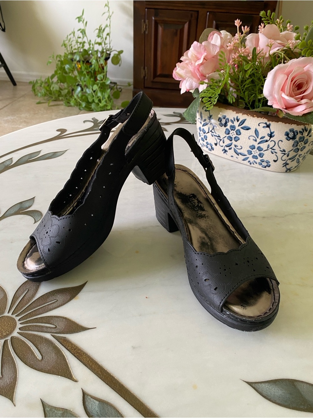 PATRIZIA by Spring Step Black Cutout Peep Toe Slingback Heel Sandals Size 6
